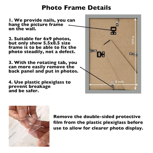 JCJMY 6x9 Picture Frame Silver Gray for Wall Hanging or Tabletop, Wall Mounting Horizontally or Vertically, 6 x 9 Wall Gallery Poster Photo Frame with Shatter Resistant Plexiglass, Silver Gray