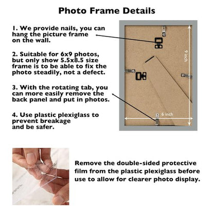 JCJMY 6x9 Picture Frame Silver Gray for Wall Hanging or Tabletop, Wall Mounting Horizontally or Vertically, 6 x 9 Wall Gallery Poster Photo Frame with Shatter Resistant Plexiglass, Silver Gray