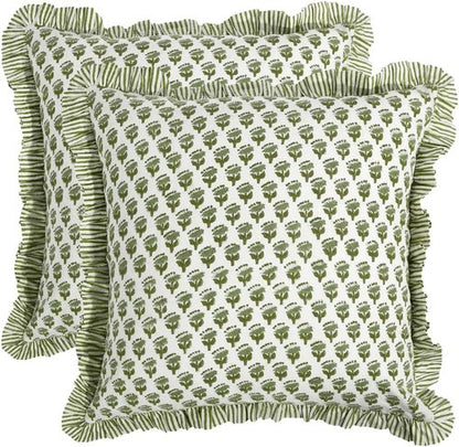 CPC Block Print Ruffle Throw Covers - Emerald Green 20"x20" | 100% Cotton Decorative Pillows for Living Room & Bedroom