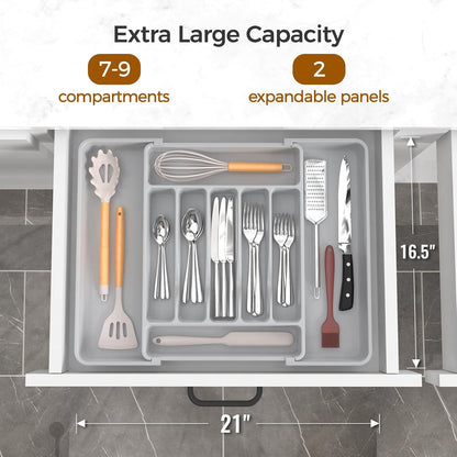 Ukeetap Extra Large Expandable Silverware Organizer - BPA-Free Cutlery Holder for Kitchen Drawers | Gray