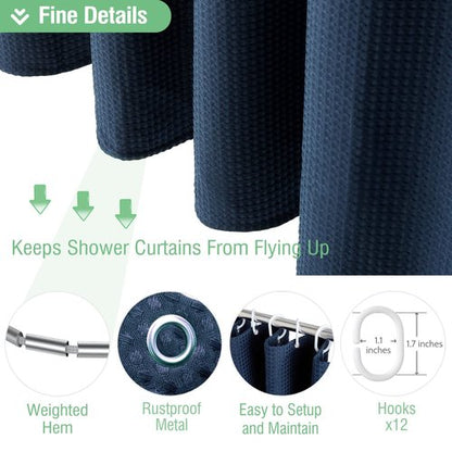 Dynamene Extra Long Shower Curtain,96 Inch Long Waffle Weave Heavy Duty Thick Fabric Bathroom Shower Curtain, Neutral Weighted Hotel Bath Curtain Set with 12 Plastic Hooks,72x96,Navy Blue