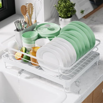 Kitsure Dish Drying Rack - Stainless Steel Kitchen Sink Organizer with Cutlery Holder | 12.7''W x 16.7''L, White