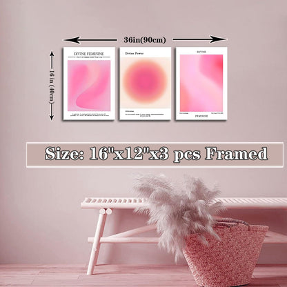 Trendy Aesthetic Canvas Wall Art - Set of 3 Pink Gradient Aura Angel Prints | Framed 12x16 Inch Room Decor