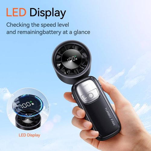 KIMMOO 3-in-1 Portable Handheld Turbo Fan - 100 Speeds, 15000 RPM, 10-Hour Cooling, LED Display | Black Mini Travel Fan