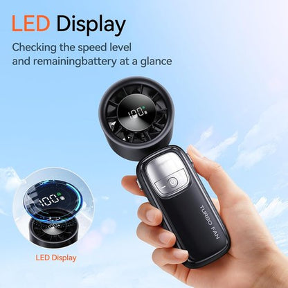 KIMMOO 3-in-1 Portable Handheld Turbo Fan - 100 Speeds, 15000 RPM, 10-Hour Cooling, LED Display | Black Mini Travel Fan