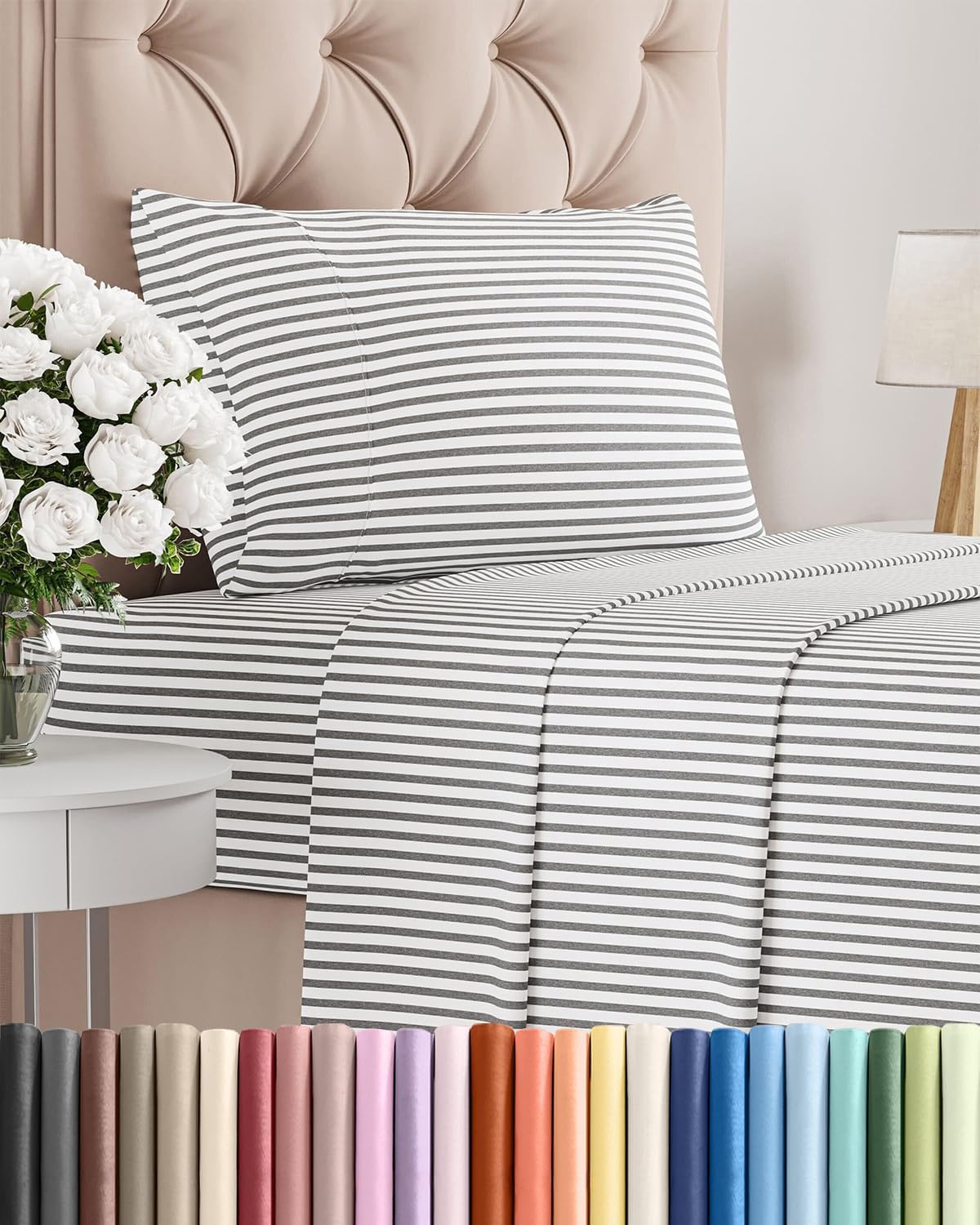 Skiennix Twin Size 3-Piece Sheet Set - Comfy Cooling Bed Sheets - Luxury Grey Stripes - Deep Pockets, Soft & Wrinkle-Free