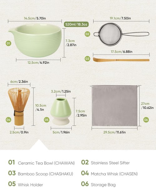 Joiish Matcha Kit Set, Ceramic Matcha Bowl with Spout & Holder, Bamboo Whisk, Sifter, Scoop, Traditional Japanese Matcha Tea Making Tools, Complete Gift Set 5-PC