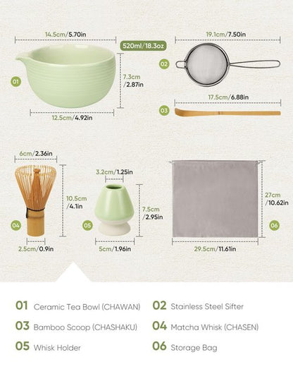 Joiish Matcha Kit Set, Ceramic Matcha Bowl with Spout & Holder, Bamboo Whisk, Sifter, Scoop, Traditional Japanese Matcha Tea Making Tools, Complete Gift Set 5-PC