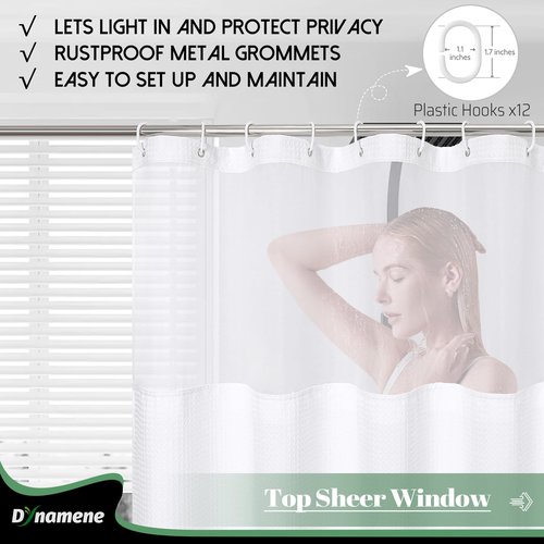 Dynamene Extra Long Shower Curtain, 84 Inch Long Waffle Fabric Shower Curtain for Bathroom, Tall Waterproof Cloth Shower Curtain Liner Set with Hook, Snap in Liner, Mesh Top Window, White, 72x84