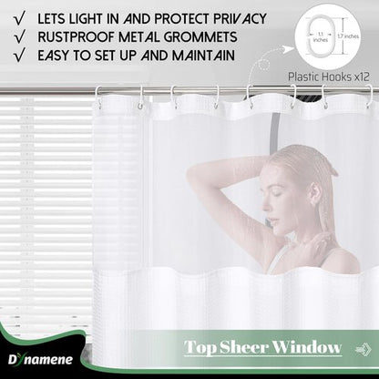 Dynamene Extra Long Shower Curtain, 84 Inch Long Waffle Fabric Shower Curtain for Bathroom, Tall Waterproof Cloth Shower Curtain Liner Set with Hook, Snap in Liner, Mesh Top Window, White, 72x84