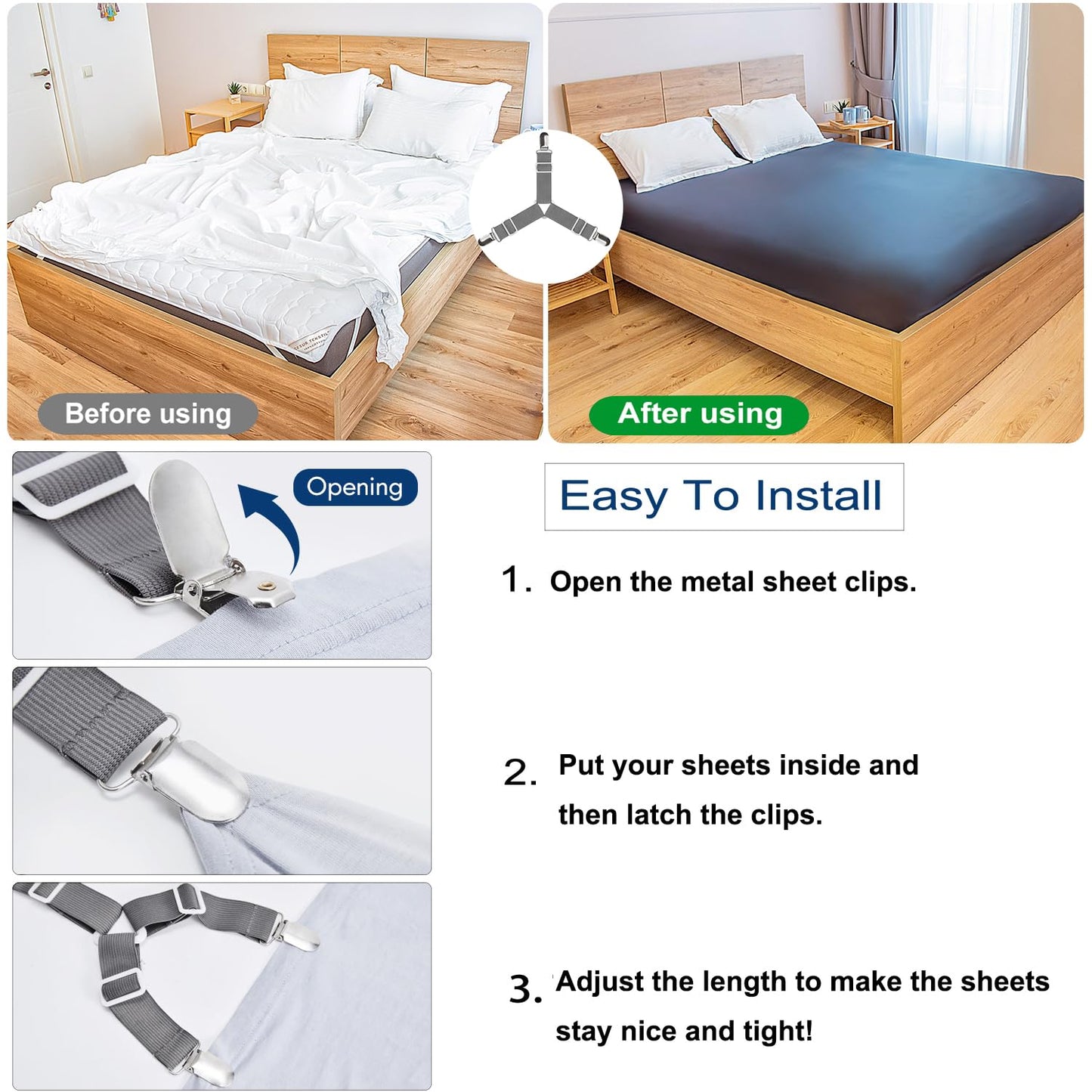 JBYAMUS Bed Sheet Straps, Easy to Install Bed Sheet Clips, Fitted Sheet Clips Sheet Straps, Say Goodbye to The Messy Sheets (White-4 Pcs)