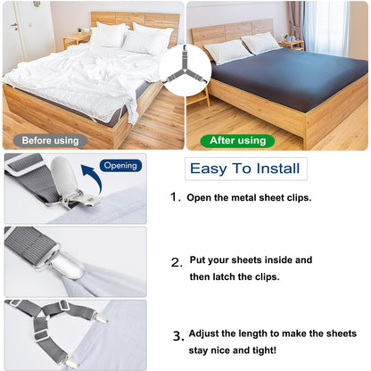 JBYAMUS Bed Sheet Straps, Easy to Install Bed Sheet Clips, Fitted Sheet Clips Sheet Straps, Say Goodbye to The Messy Sheets (White-4 Pcs)