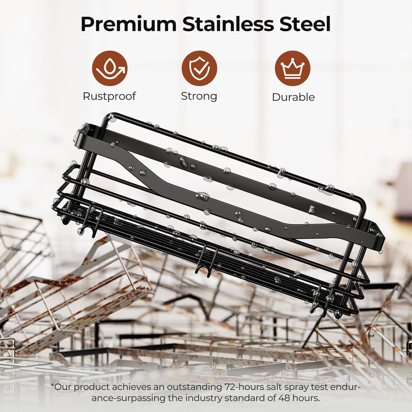 Orimade Shower Caddy - Wall Mounted Rust Resistant Stainless Steel Organizer | 2 Pack, Black with 5 Hooks