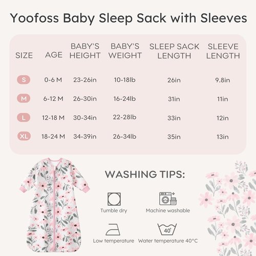 Yoofoss Baby Sleep Sack 6-12 Months 1.0 Tog Long Sleeve Sleep Sack Organic Cotton Wearable Blanket for Infants 2-Way Zipper Quilted Sleeping Sacks(Medium)