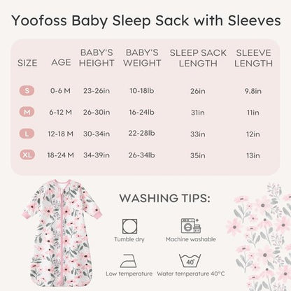 Yoofoss Baby Sleep Sack 6-12 Months 1.0 Tog Long Sleeve Sleep Sack Organic Cotton Wearable Blanket for Infants 2-Way Zipper Quilted Sleeping Sacks(Medium)
