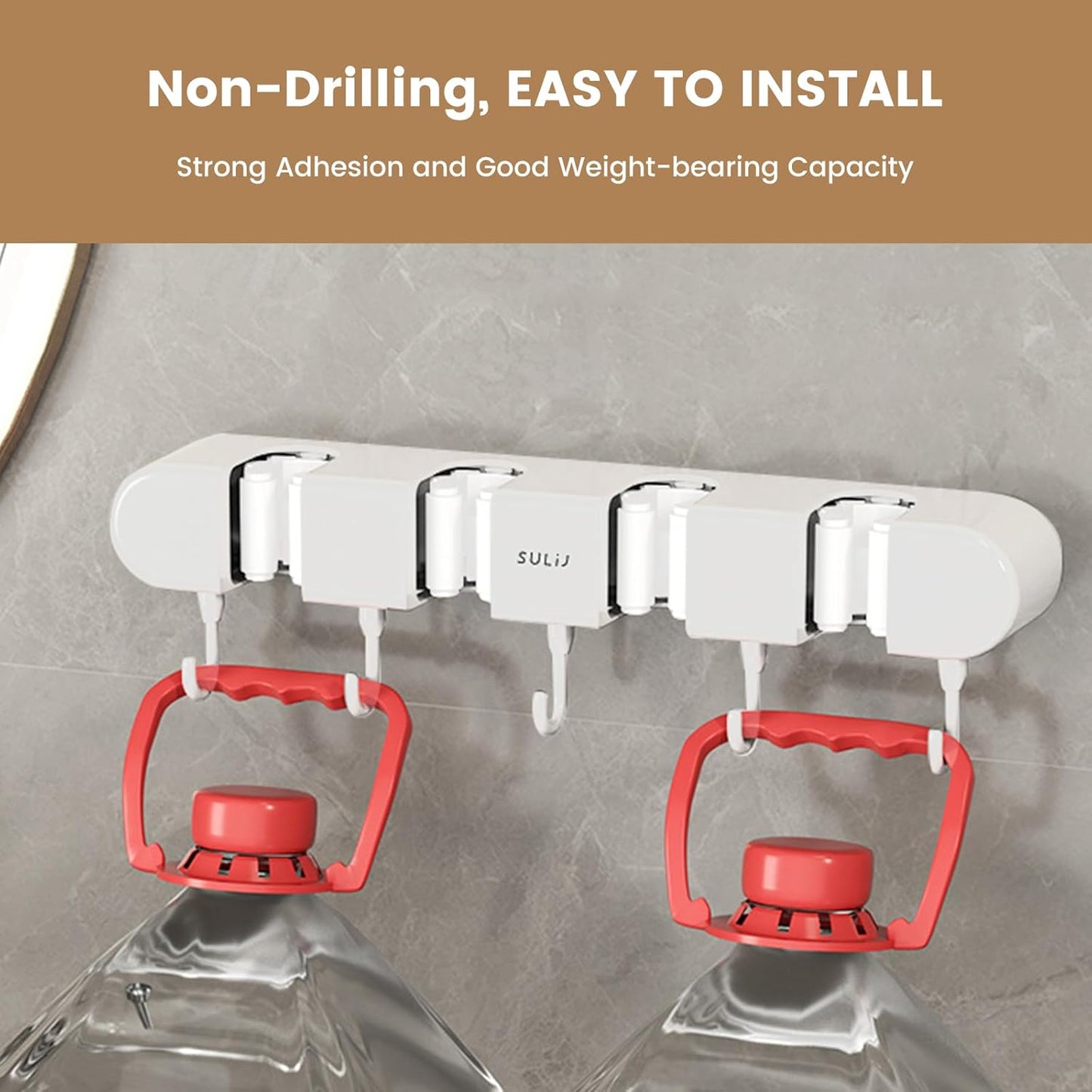 Broom Holder Wall Mount by 2Pcs - No-Drilling Self-Adhesive Storage Rack with Hooks | White, 4 Racks & 5 Hooks