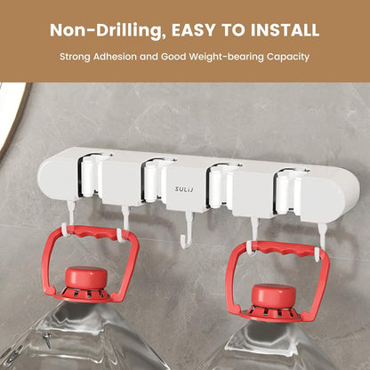 Broom Holder Wall Mount by 2Pcs - No-Drilling Self-Adhesive Storage Rack with Hooks | White, 4 Racks & 5 Hooks