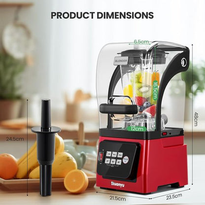 Huanyu Commercial Blender - 2L 68OZ 2200W Quiet Professional Blender with Sound Enclosure | Red