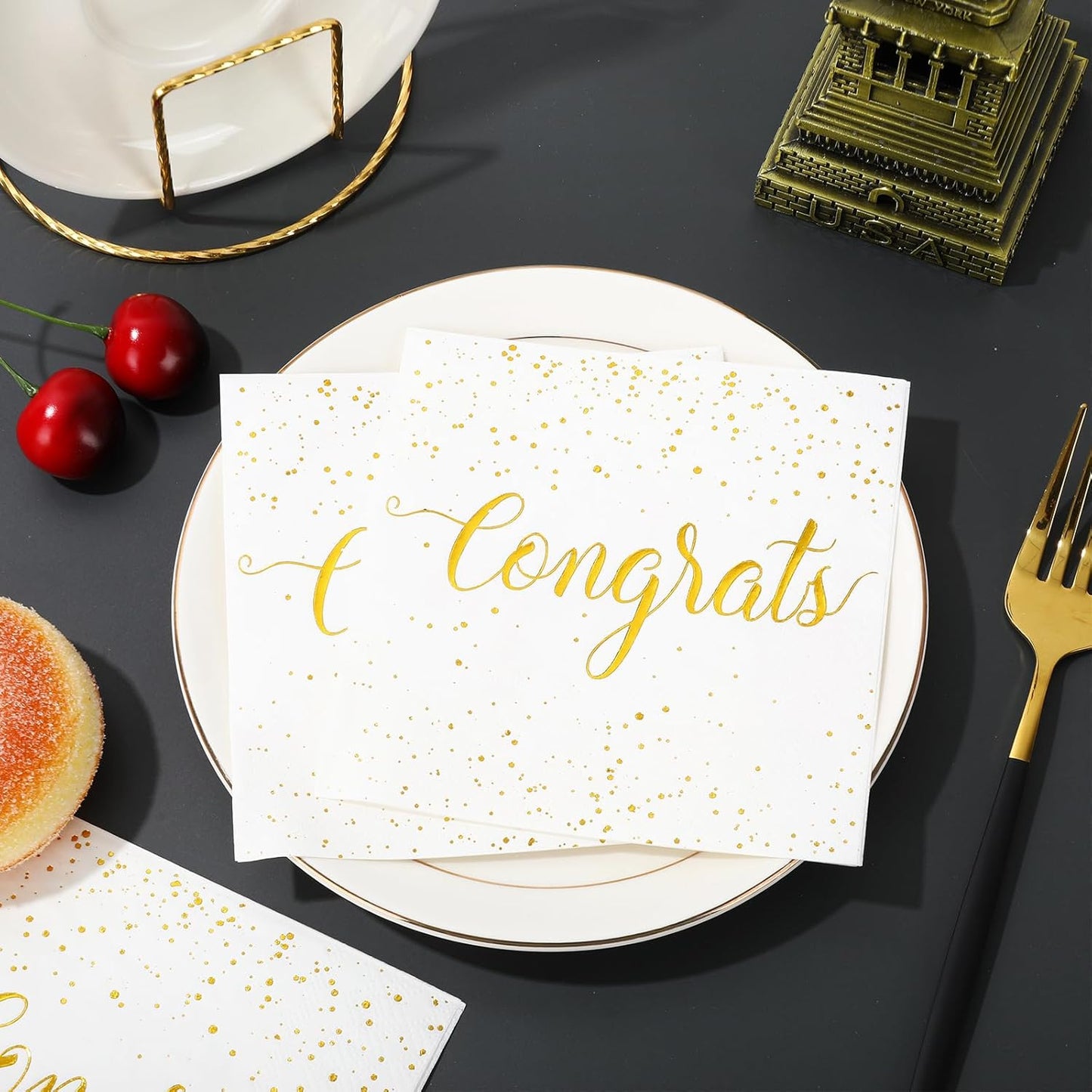 Whaline Cocktail Napkins - 80 Pcs White Gold Foil Congrats Design for Graduation & Celebrations