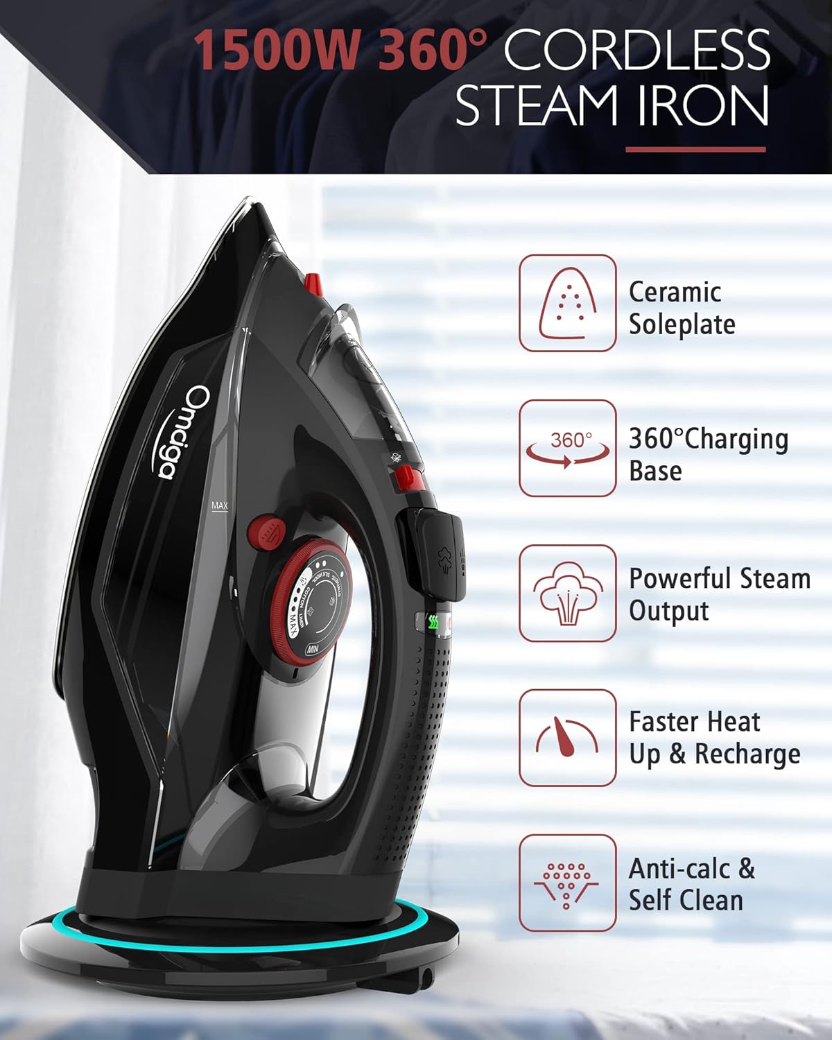 OMAIGA Cordless Steam Iron - 1500W Non-Stick Ceramic Soleplate, Auto Shut Off, 3 Temp Settings, Black