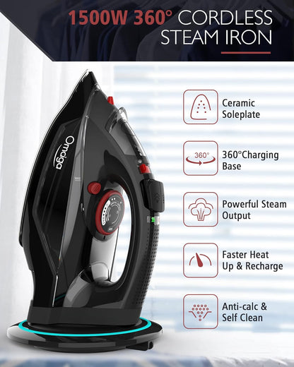 OMAIGA Cordless Steam Iron - 1500W Non-Stick Ceramic Soleplate, Auto Shut Off, 3 Temp Settings, Black