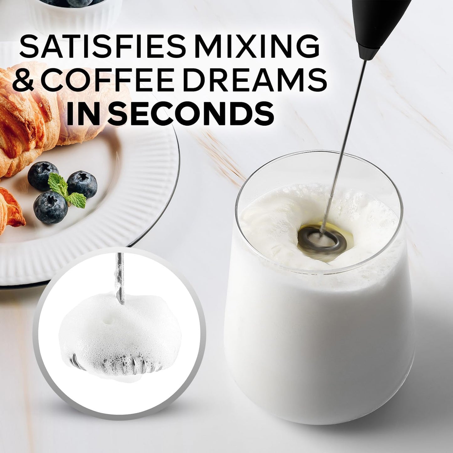 Zulay Kitchen Milk Frother Wand - Ultra-Fast Handheld Drink Mixer with 4 AA Batteries | Executive Black