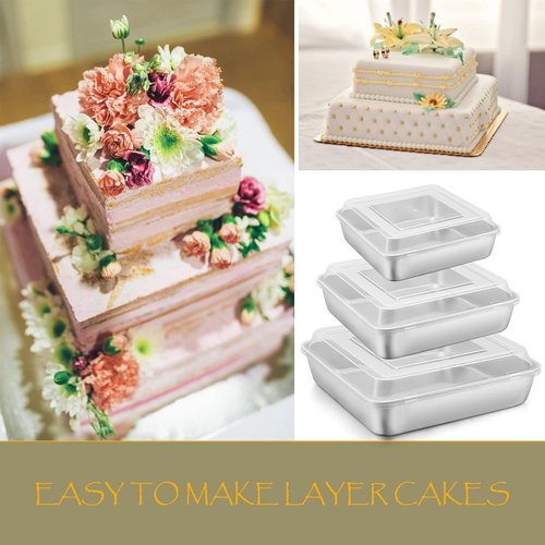 E-far Square Cake Pan Set - 6/8/9-Inch Stainless Steel Bakeware with Lids | Non-Toxic & Dishwasher Safe - 6 Pieces