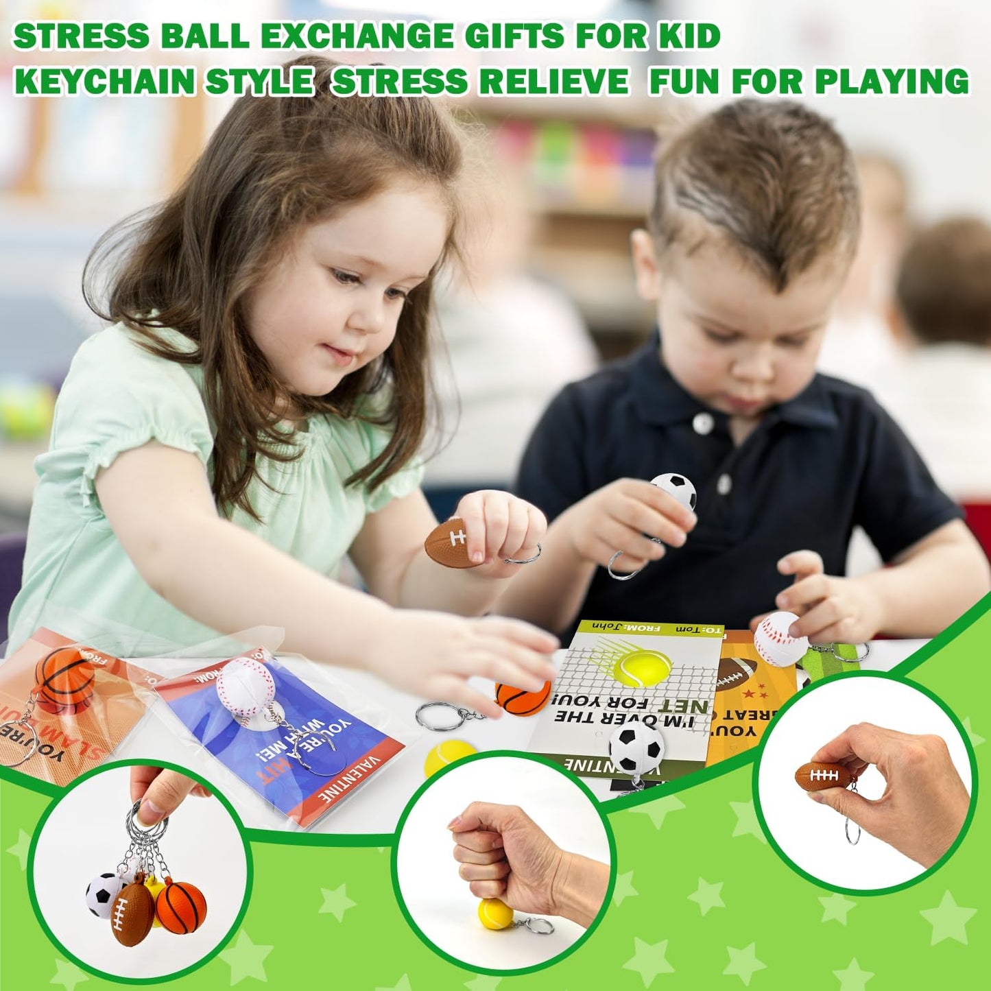 Skiennix Sport Stress Ball - 28 Pack Mini Foam Balls with Keychains & Exchange Cards for Kids