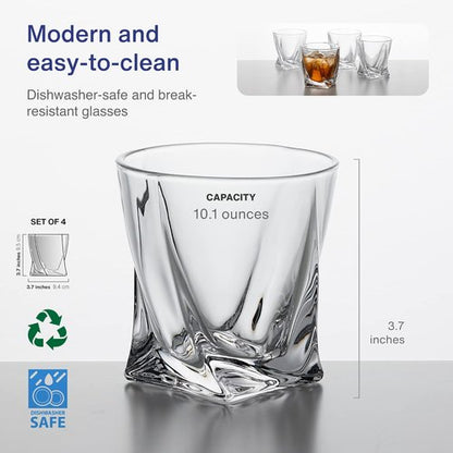 GoodGlassware Swirl Whiskey Glasses (Set of 4) - 10 oz Premium Tumblers Perfect for Drinking Bourbon, Scotch, Rum, Spirits, and Old Fashioned Cocktails on the Rocks - Dishwasher Safe and Lead-Free