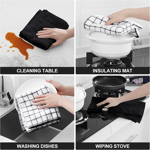 Homaxy Premium Cotton Kitchen Towels - Super Absorbent 390 GSM Dish Towels | 16"x28", Black Check, 6 Pack