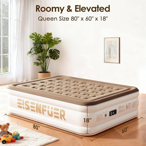 Air Mattress Queen - 18" Raised Inflatable Bed with Built-in Pump & Carry Bag for Cozy Sleepovers