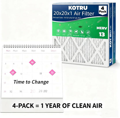 MERV 13 20x20x1 Air Filters by [Brand Name] - 4-Pack Electrostatic Pleated HVAC Filters | Captures Dust, Pollen & Pet Dander