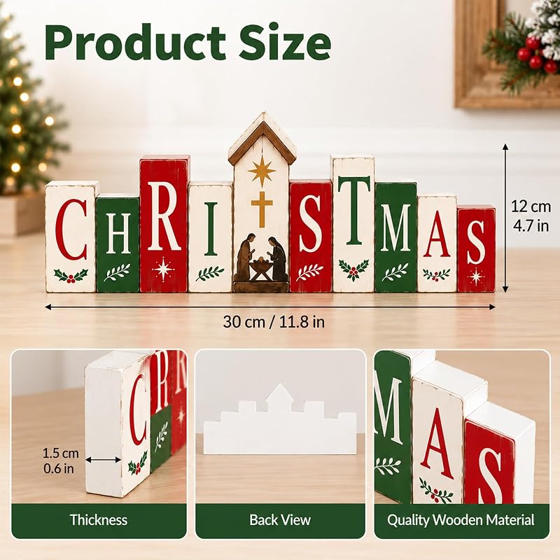 Nativity Bible Scene Tabletop Sign - Freestanding Rustic Christmas Decor, 11.8 x 4.7 in - Variation: Christmas