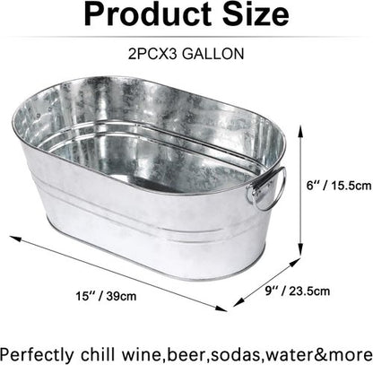 Galvanized Tub Beverage Tubs, 2pcs Metal Ice Buckets for Cocktail Bar 3 Gallon Wine Beer Drink Buckets with Handles Large Tub Cooler Mimosa Bar Supplies Ice Bucket for Parties 15x9x6inch(Galvanized)