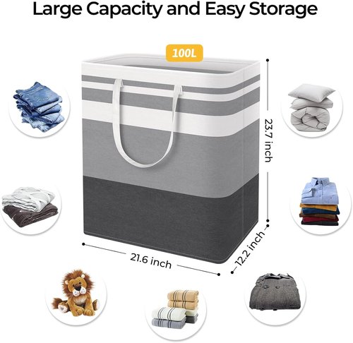 HomeHacks Large Waterproof Laundry Baskets - Collapsible Hampers with Reinforced Handles | Grey & Blue, 100L Each