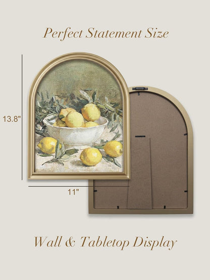TwoDays Vintage Rustic Lemon Wall Art - Gold Arched Wood Frame Canvas Picture for Kitchen & Dining Room (11" x 13.8")
