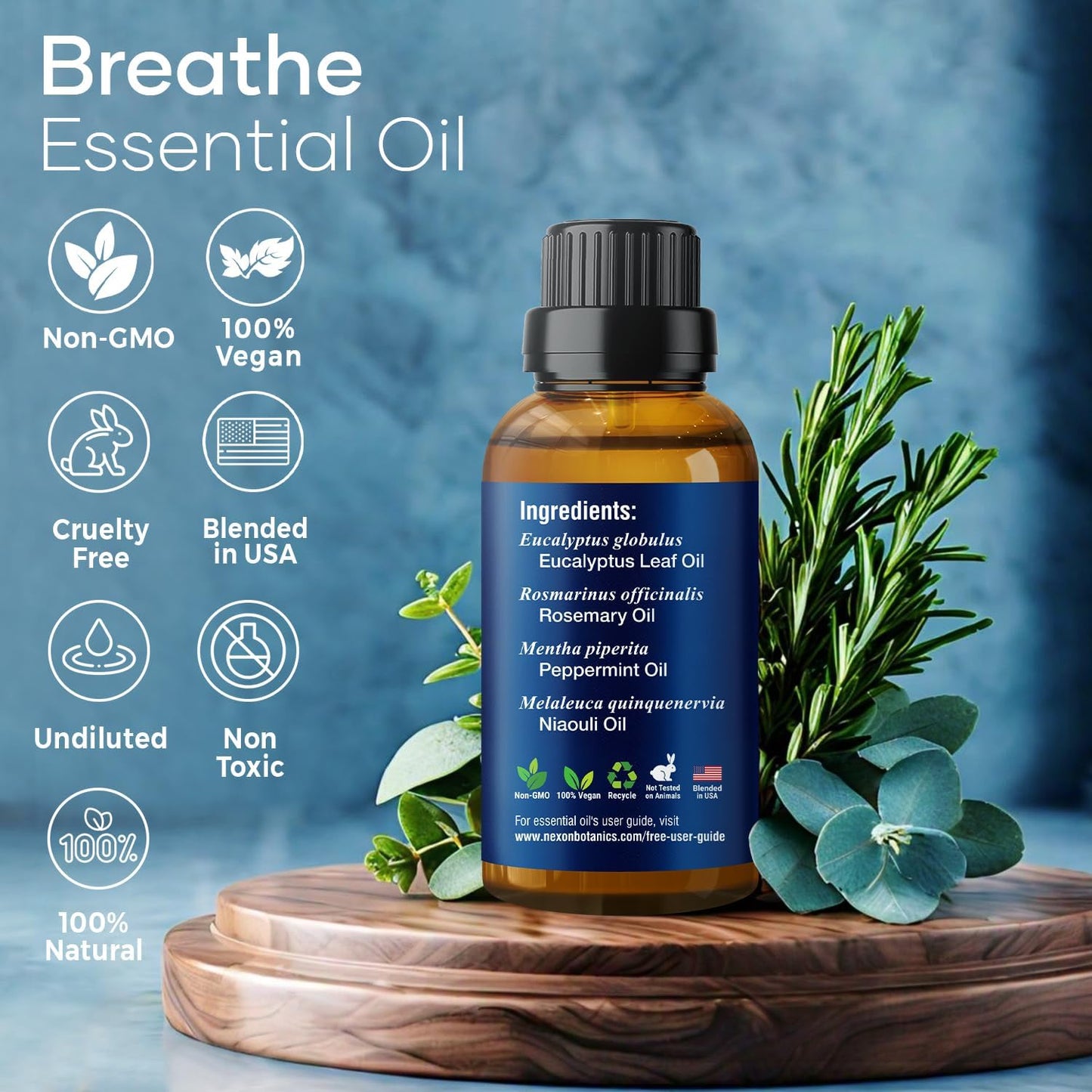 Nexon Botanics Breathe Essential Oil Blend 30 ml - Sinus Relief with Menthol - Ideal for Humidifiers & Diffusers