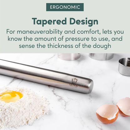 Ultra Cuisine French Rolling Pin - Tapered Design for Baking Pizza, Cookies & Pastries | 15.75-Inch Stainless Steel