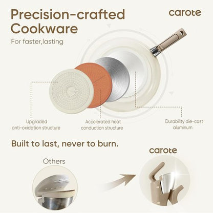 CAROTE 18-Piece Ceramic Cookware Set - Induction Nonstick Pots and Pans with Detachable Handle, Brown