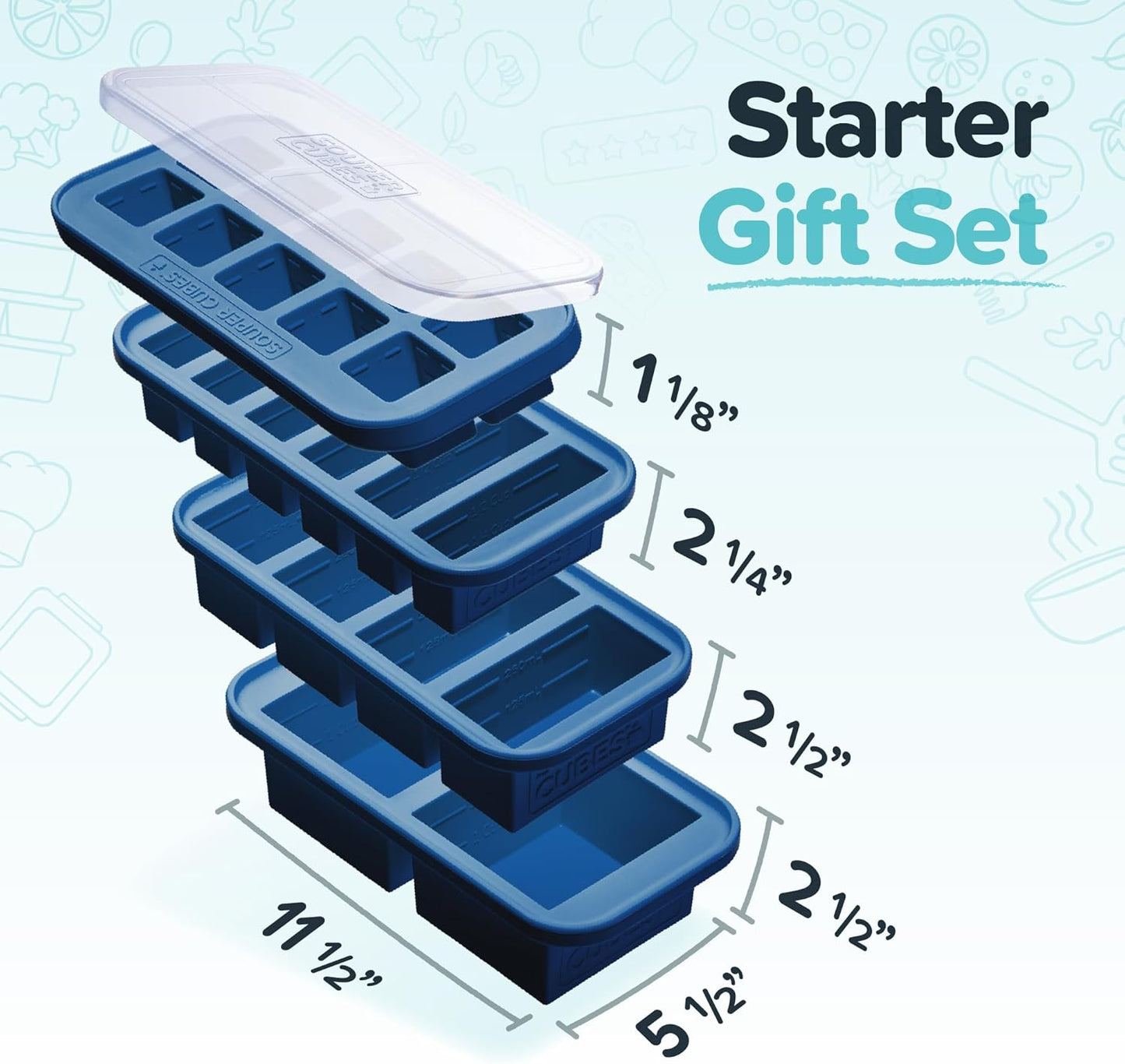 Souper Cubes Silicone Freezer Molds - Meal Prep Gift Set with 2 Tbsp, 1/2, 1, & 2 Cup Trays - Blueberry