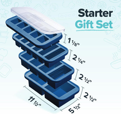 Souper Cubes Silicone Freezer Molds - Meal Prep Gift Set with 2 Tbsp, 1/2, 1, & 2 Cup Trays - Blueberry
