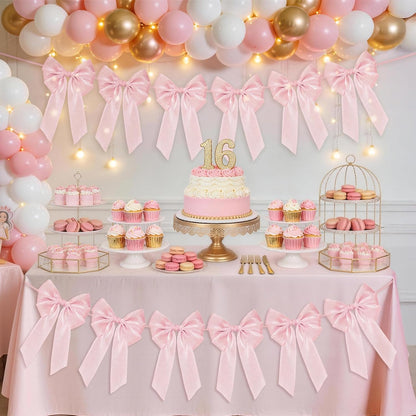 Skiennix 6.5ft Pink Bows Garland Banner - 6 Pre-Strung Bow Decorations for Birthday & Baby Showers