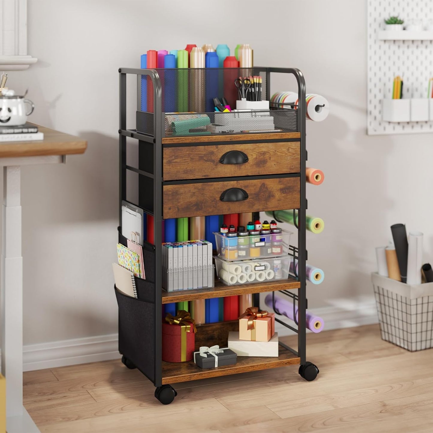 Wrapping Paper Storage Cart - Regine Switzerland Organizer with 2 Fabric Drawers & Lockable Wheels