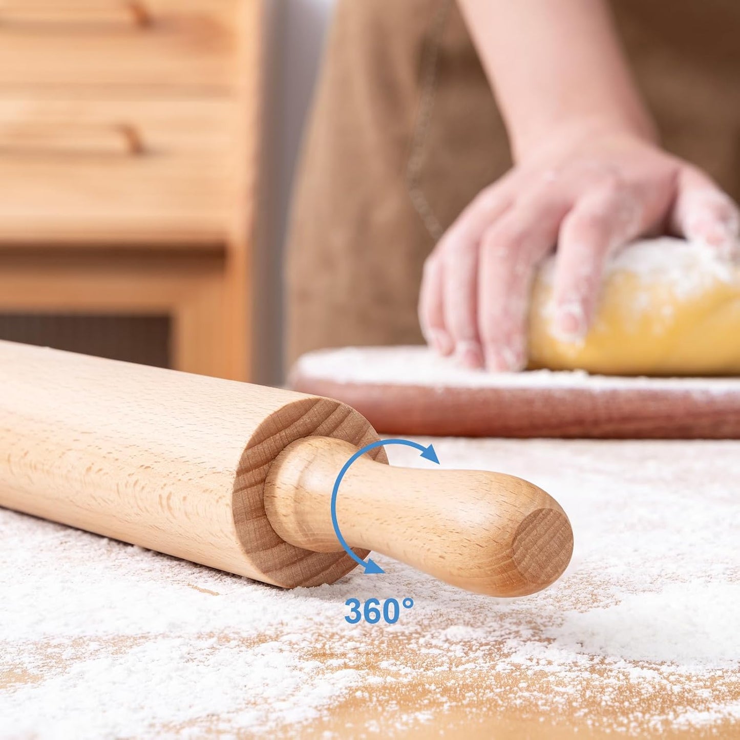 AISOSO Wooden Rolling Pin - 15.75 Inches Nonstick Dough Roller with Handles | Classic Light Yellow Baking Essential