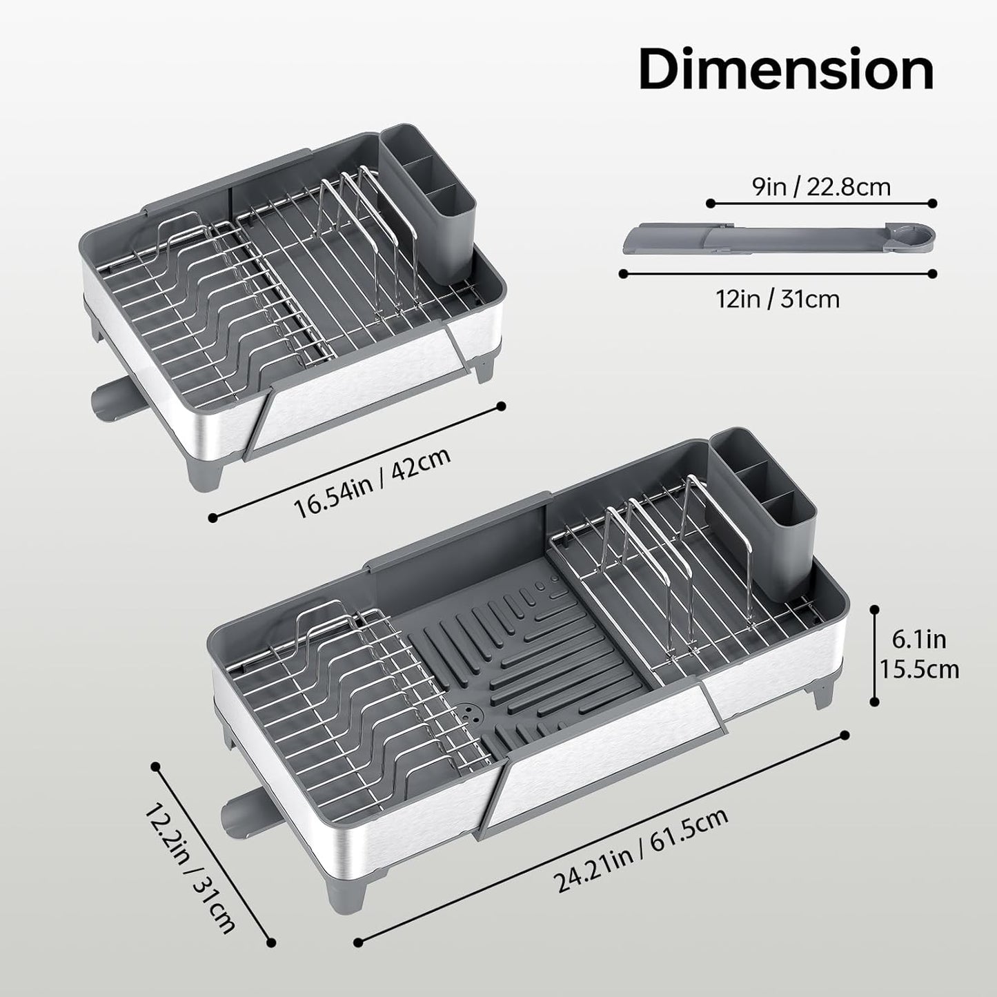 Skiennix Large Dish Drying Rack - Triple Expandable Stainless Steel Kitchen Organizer | Gray with Utensil & Pans Holder