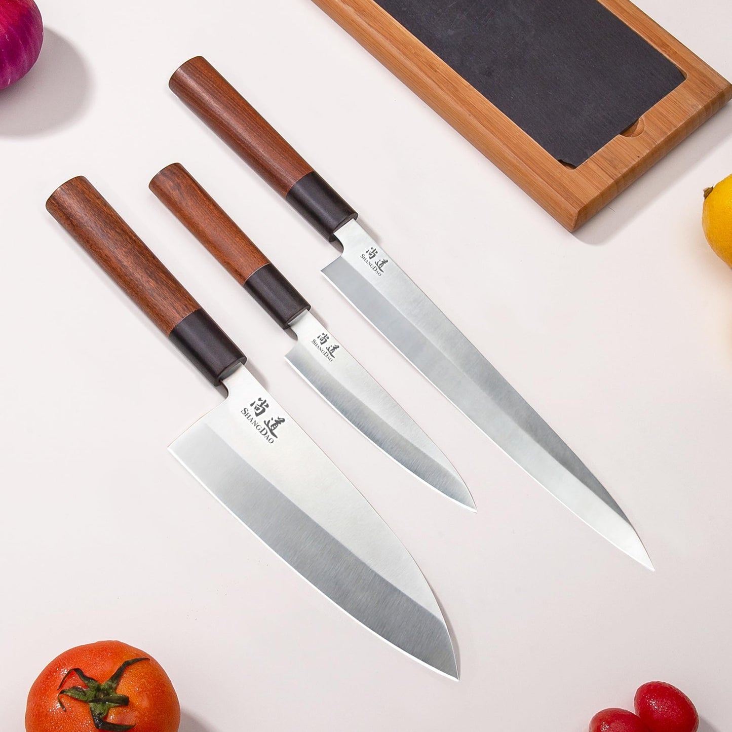 SHANGDAO Japanese Kitchen Knife Set, 3 Piece Sushi Chef Knife, 10”Yanagiba-7”Deba-5”Utility Kitchen Knife Cooking Knives, Premium German Stainless Steel & Traditional Wooden Handle, Gift Box