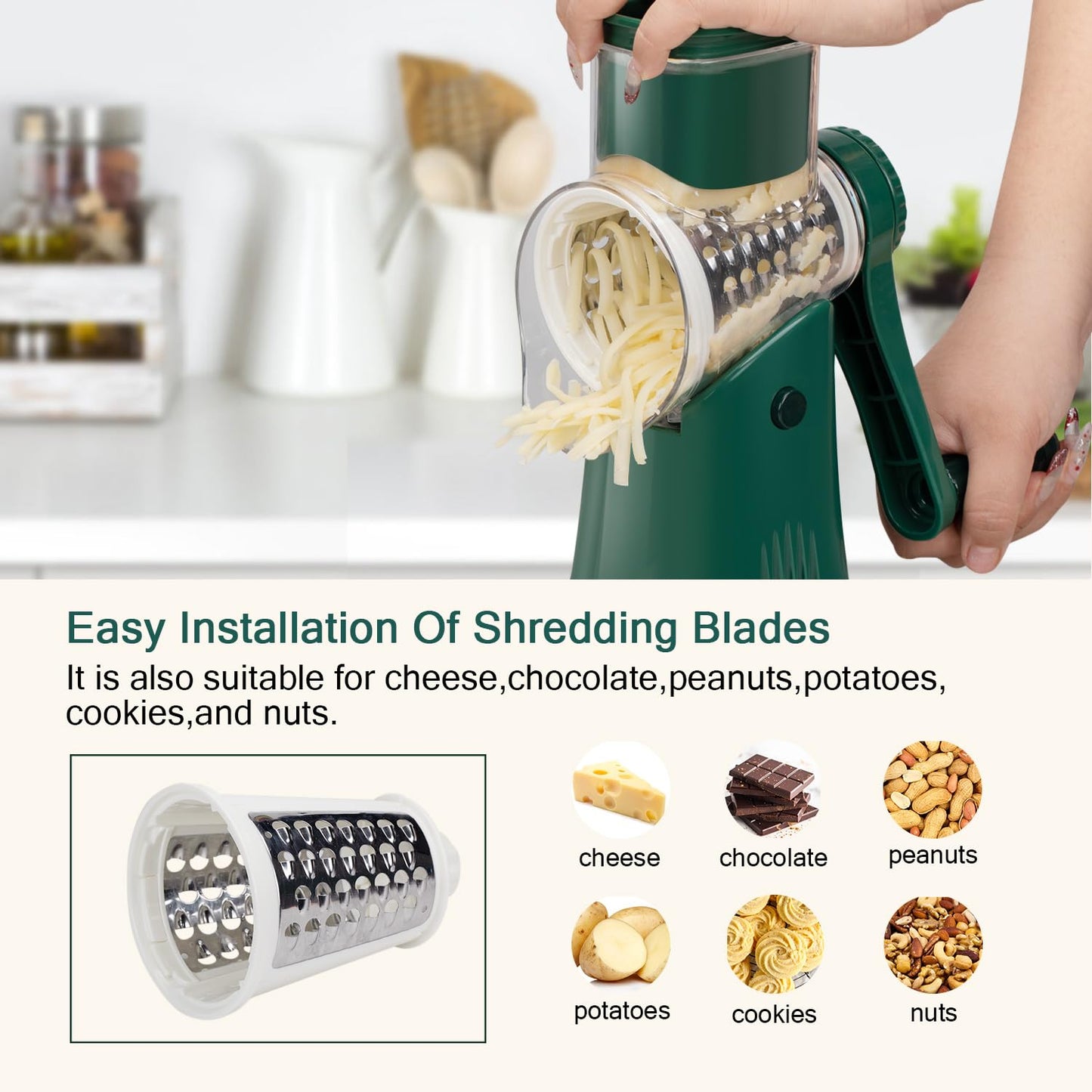 Rotary cheese grater - hand-cranked,5in1 washable & easy to clean - perfect for chefs, cuts cheese, veggies, fruits, nuts, crackers - upgraded model with strong suction-Hand Crank Cheese Grater