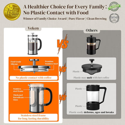 Veken French Press Coffee Maker - 34oz Heat Resistant Borosilicate Glass | Stainless Steel Brewer for Home & Travel