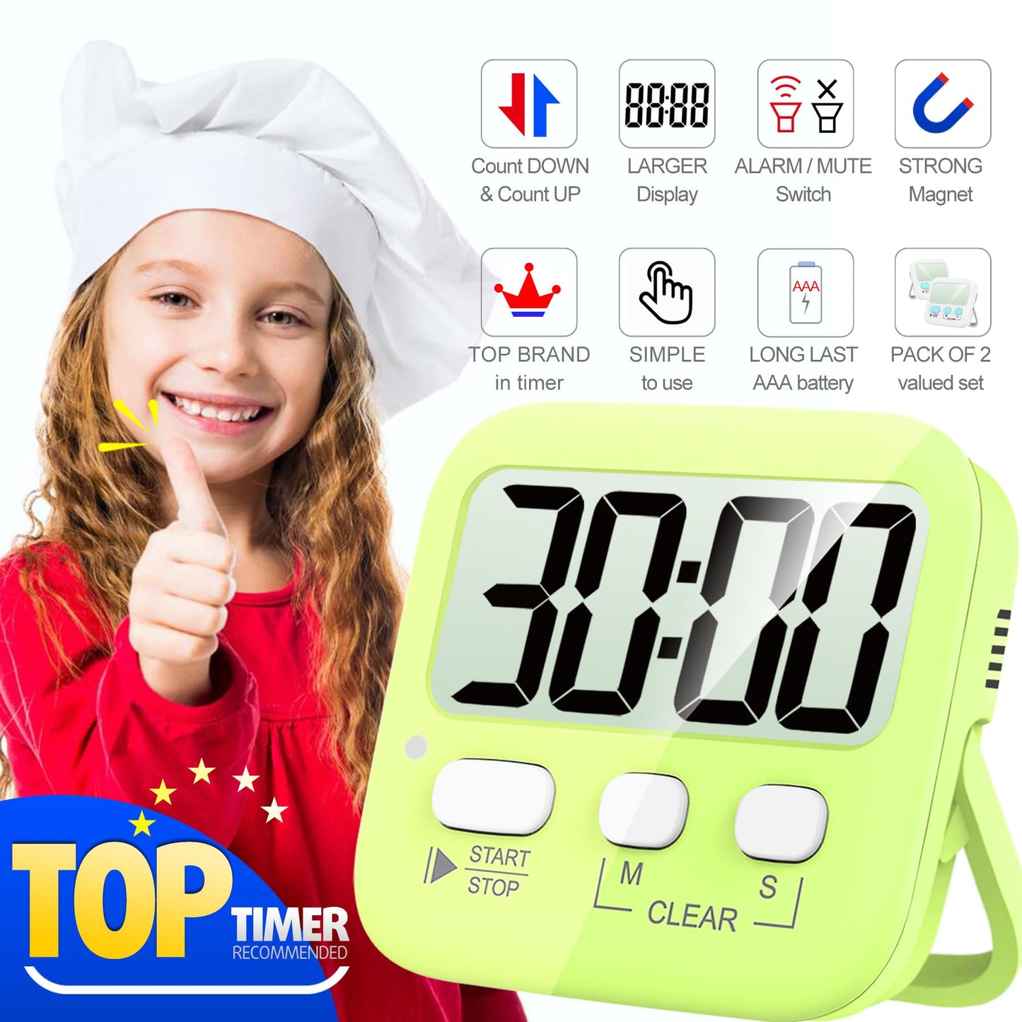 Antonki Timer, Timer for Kids, Kitchen Timers, Digital Timer for Cooking, Egg Timer, Classroom Timer for Teacher, Magnetic Countdown Timer for Exercise, Study, Oven - Battery Included - Pack of 2