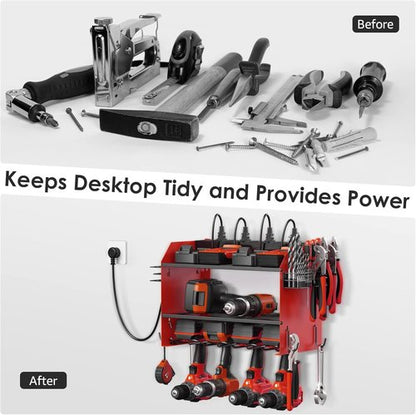 CCCEI Modular Power Tool Organizer - Wall Mount Charging Station with Heavy-Duty Rack & Hooks - Red
